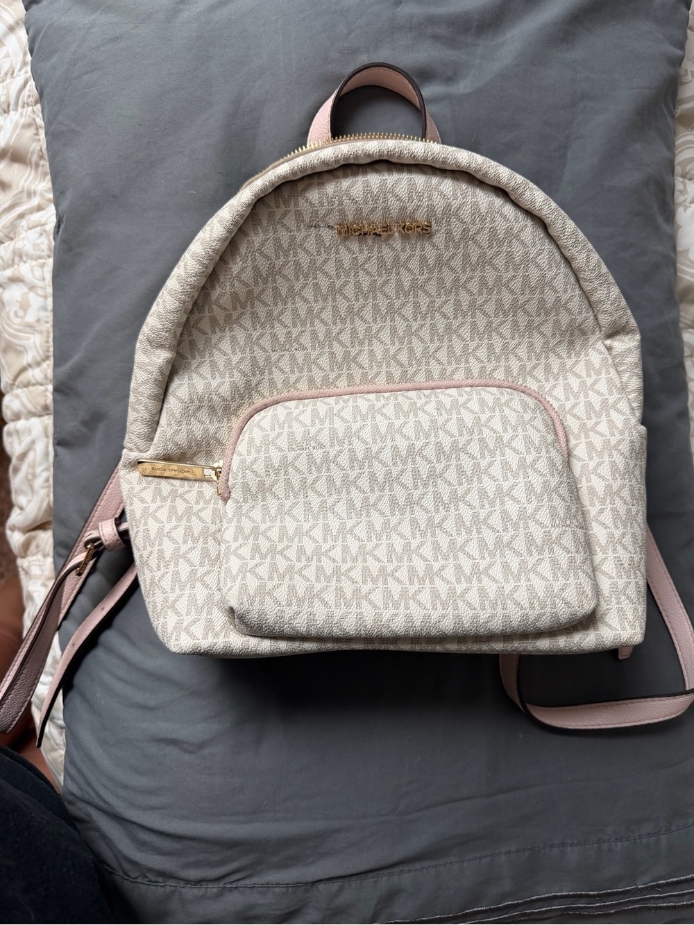 Michael Kors Beige Signature Mini Backpack with Pink Trim